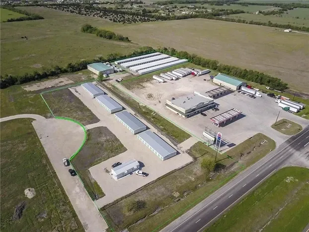 Aerial view of Overflow Garage Farmersville and street